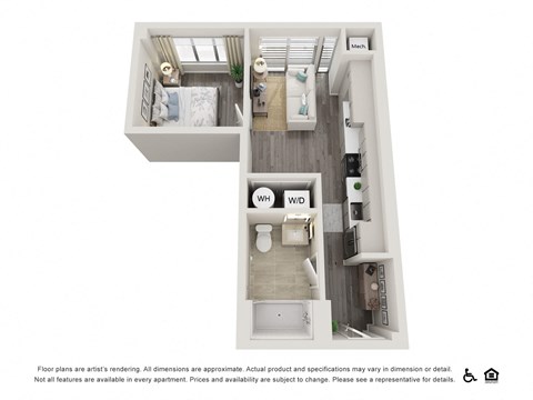Floor plan for 1 bed, 1 bath, 493 sqft